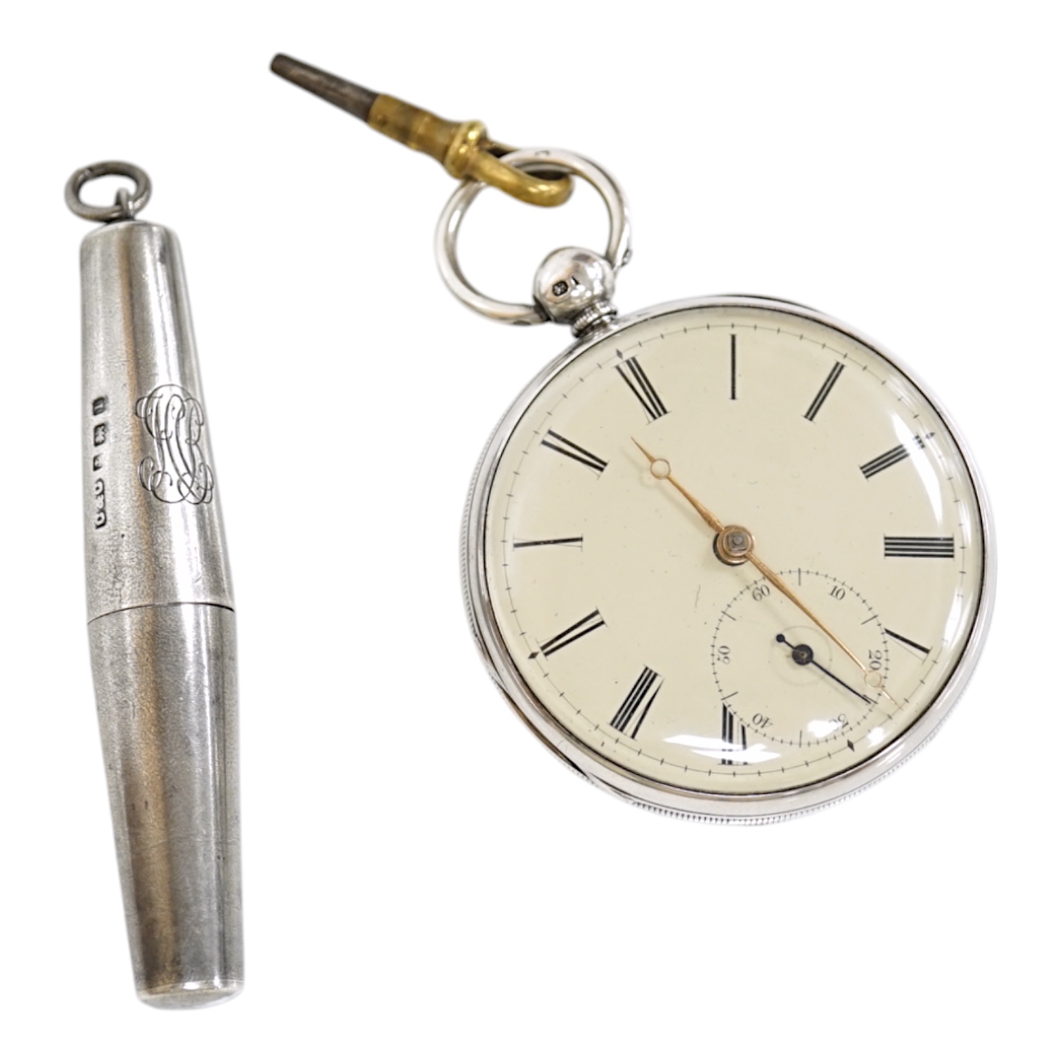 A George V silver travelling corkscrew, Cohen & Charles, Birmingham, 1910, 77mm, with engraved monograms, together with a Victorian silver open face pocket watch, with key. Condition - fair